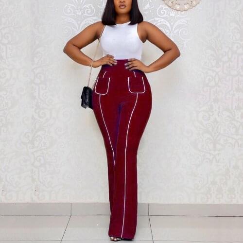 African ladies Long Flare Pants for Womens High Waisted Pocket Skinny Floor Length Solid Fashion Elegant TrousersTemperament OL