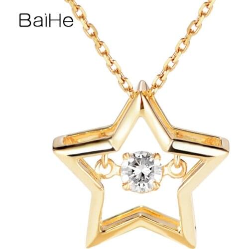 BAIHE Solid 18K Yellow Gold 0.08ct H/SI Natural Dancing Diamond Women Trendy Fine Jewelry Gift beautiful Star Diamond Necklaces