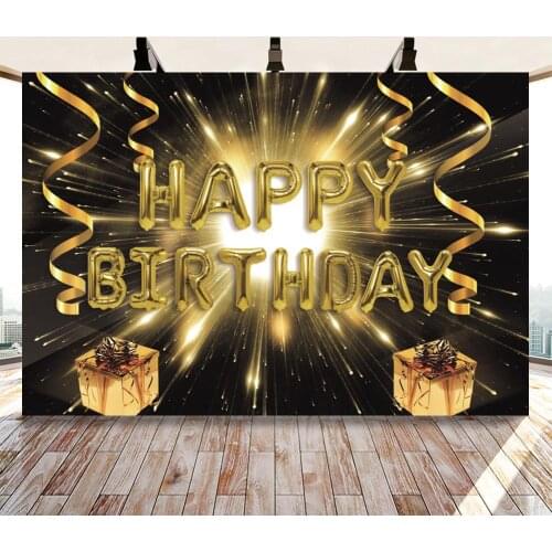 Black Golden Happy Birthday Backdrops Photography Gift Box Boom Shiny Ligts Cake Table Wall Decor Backgrounds Photocall