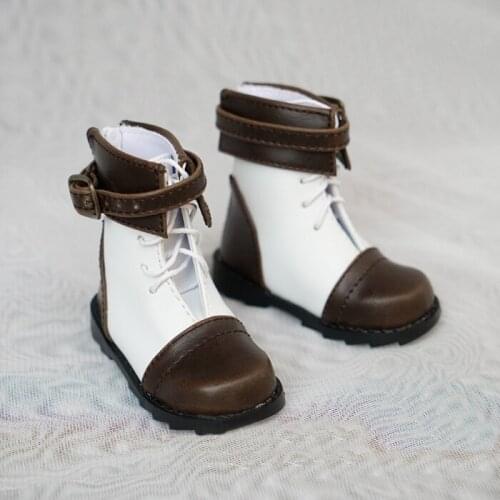 D01-P131 children handmade toy 1/3 1/4 Doll Accessories BJD/SD doll shoes White brown stitching strap buckle ankle boots 1pair