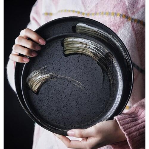 Japanese Style Ceramic Black Western Steak Plate Modern Kitchen Retro Round Dessert Sushi Salad Plate Commercial Tableware