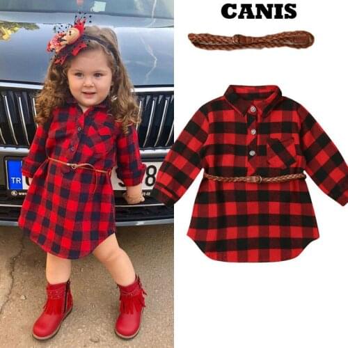 2Pcs Plaid Toddler Kids Baby Girl Outfit Clothes T Shirt Top Dress Belt Set