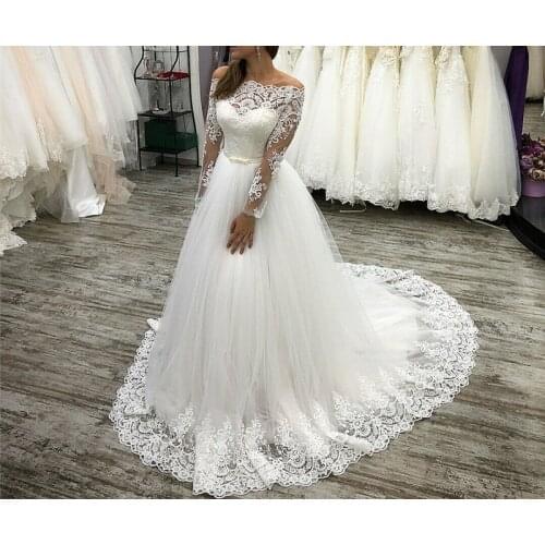Long Sleeves Lace Wedding Dresses for Bride 2021 A Line Off Shoulder Bridal Gowns for Wedding vestido de noiva