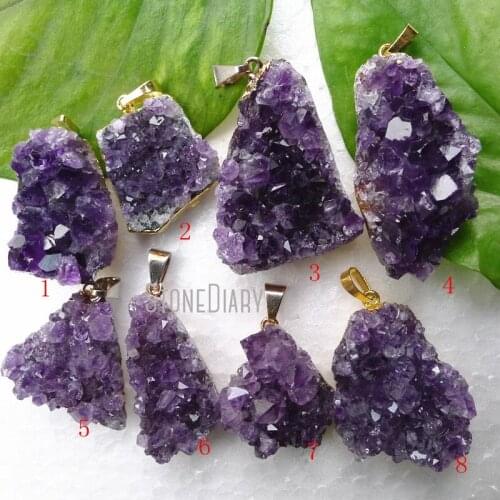 H-DP16 Raw Amethysts Necklace Pendant Purple Amethysts Stone Pendant Purple Druzy Gold Color 25mm-36mm Long(Random in SHAPE)