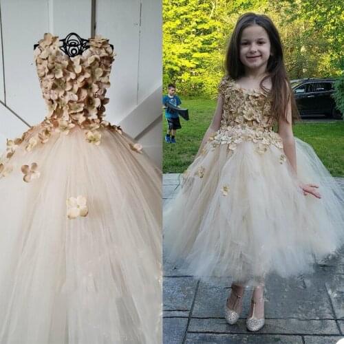 A Line Flower Girls Dress O Neck Sleeveless 3D Floral Appliques Children Birthday Party Costume Tea Length Dresses