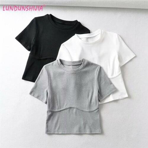 LUNDUNSHIJIA Fashion Sexy Slim T-shirts Women 2021 Summer Woman Fit T-shirt Tight Cotton Short-Sleeve O-neck Basic Tee Crop Tops