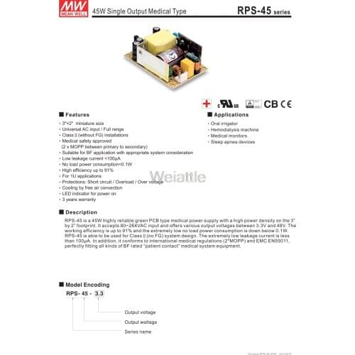 MEAN WELL original RPS-45-7.5 7.5V 5.4A meanwell RPS-45 7.5V 40.5W Single Output Medical Type