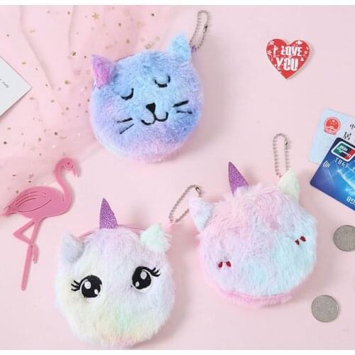 Fashion Mini Pouch Cartoon Plush Unicorn Coin Purse Girl Clutch Embroidered Zipper Wallet Kids Coin Bag Key Earphone Organizer