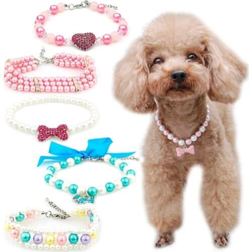Cute Cat Puppy Dog Collar Necklace Pearl with Shiny Rhinestone Heart Shape Pendant Cat Collar Jewellery Soft Pet Supplies
