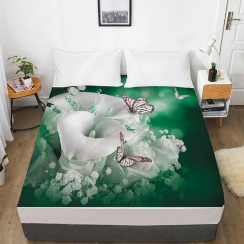 Lily Flower Red Rose Printing 3D Soft Bed Sheet with Elastic Fitted Sheet Double Mattress Cover 135/160/180/200/90x200cm Bedding