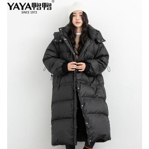 YAYA New Winter Womens Super Inclusive Extended Down Jacket 90% White Duck Liner Wide Waist Thicken Stand Collar Hooded Coat