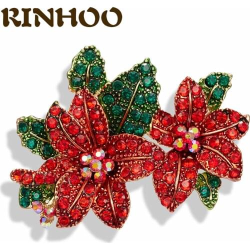 RINHOO Charm Red Rhinestone Flower Brooches For Women Beautiful Full Green Leaf Plant Zircon Brooch Pins Friend Holiday Gifts