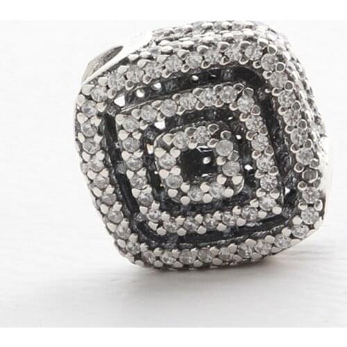 Authentic S925 Bead DIY Jewelry Pave Geometric Lines Charm fit Lady Bracelet Bangle Clear CZ