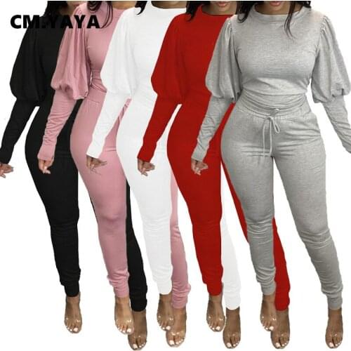 CM.YAYA Solid Sheath Full Lantern Sleeve Top Matching Sets for Women Full Length Elastic Skinny Pencil Pants 2 Piece Sets Outfit