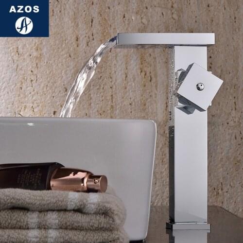 Azos Waterfall LED Faucet Discoloration Wash Basin Brass Chrome Cold and Hot Switch Temperature Control Bathroom Above Counter B
