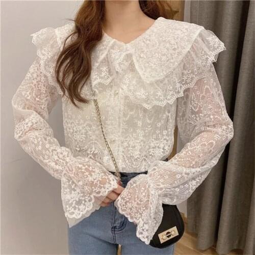 Spring Women Turtleneck Lace Patchwork Blouses Lady Long Sleeve Solid Vintage Shirts Girls Doll CollarTops Korean Blusas Mujer