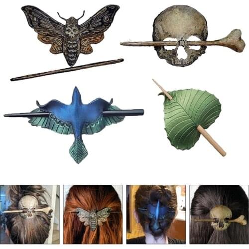 Halloween Horror Death Moth Skull Retro Hair Stick Fork Bun Holder Creative Slide Hairpins with Faux Bone Ponytail Barrette Hair