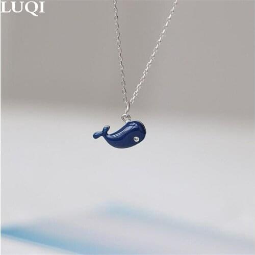Womens Fashion S925 Silver Blue Epoxy Little Whale Pendant Personalized Necklaces N445