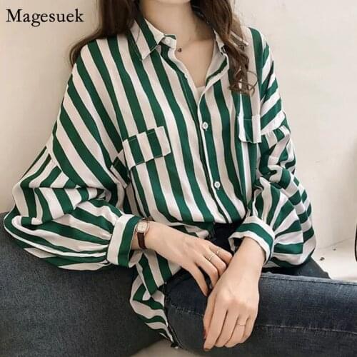 Fashion Plus Size Striped Shirt Women Elegant Chiffon Blouse Women Tops Office Lady Long Sleeve Button Shirts Female Blusas 1728
