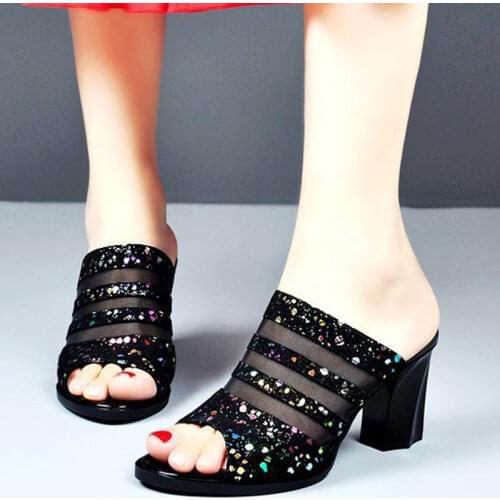 Lucyever high heels glitter slippers women summer 2021 sexy black mesh slip on sandals shoes woman peep toe hollow out sandalias