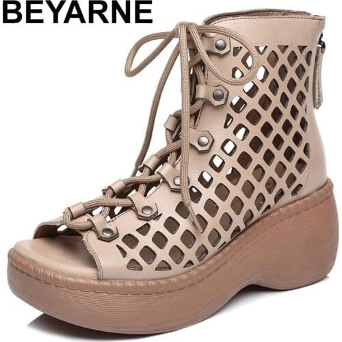 BEYARNE 2021 New Hollow Genuine Leather Sandals Women Shoes Sandals Platform Wedges Summer Shoes Woman Fashion Casual Sandals