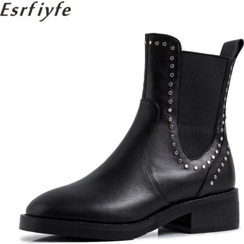 ESRFIYFE 2020 New Fashion Women Ankle Boots Round Head Thick Bottom Genuine Leather Waterproof Woman Martin Boots Chelsea Boots
