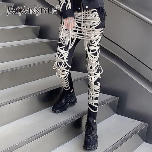 TWOTWINSTYLE Cross Black Pants For Women High Waist Bandage Casual Streetwear Trousers Female Fashion New Clothing 2021 Style