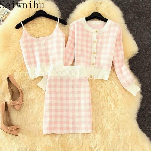 Sweet Plaid Three-Piece Skirt Set Women Autumn New Round Neck Single-Breasted Loose Cardigan Sweater with Sling + Short Skirt