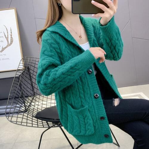 2021 Autumn Winter Womens Cardigan Sweaters Female Retro Solid Color V-neck Knitted Cardigan Ladies Long Sleeve Coats H1070