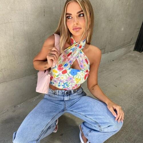 Womens Sleeveless Crop Tops Halter Stylish Floral Print Cut Out Halter Crisscross Camisole Ladies Summer Basic Tanks Slim wear