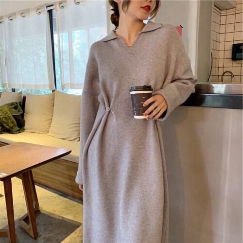 Gray Long Knit Dress for Woman Turn-down Neck Fall Winter High Waisted Chic Sweater Dresses Vestido Korean Elegant Wool Clothing