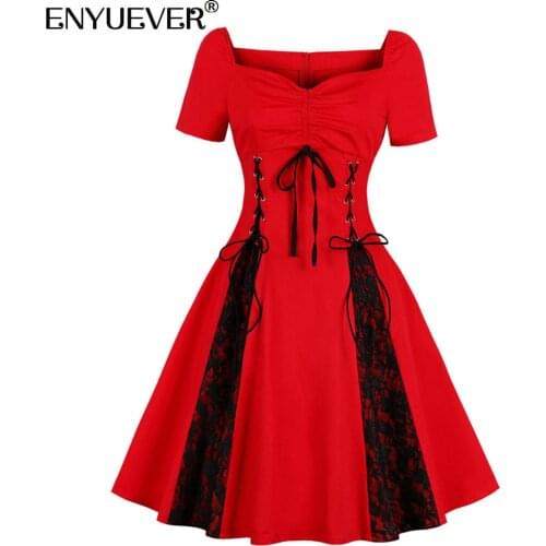 Enyuever Goth Dress Women Summer Clothes Cotton Swing Robe Pin Up Red Black Patchwork Gothic Lolita Vestido Vintage Dresses