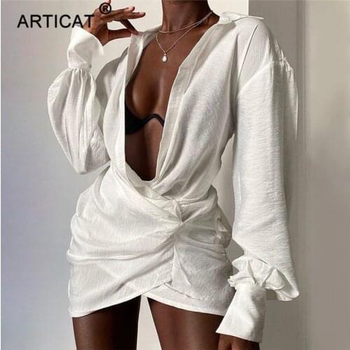 Articat Linen See Through Shirt Dress For Women Long Sleeve Sexy Mini Dress Female Autumn Bodycon Ruched Dresses Streetwear