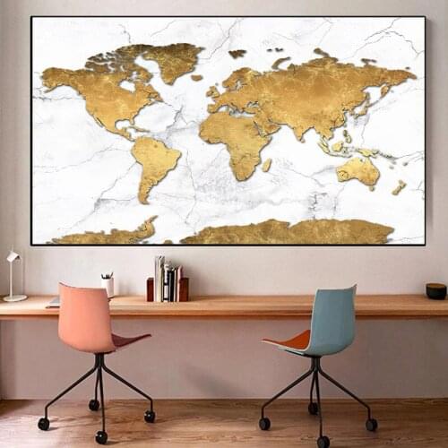 Gold World Map Canvas Painting Retro Posters and Print Modern Wall Art Picture for Living Room Study Home Decor Cuadros Unframed