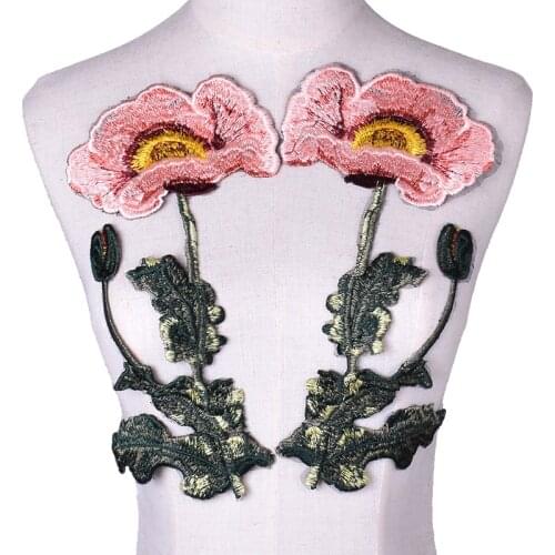 1 Pair Big Pink Embroidered Flower Appliques Garment Accessories Patch DIY Scrapbooking Card Craft Decoration