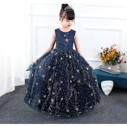 Shining flower girl Princess Wedding Party Starry sky sleeveless dress girl birthday party holiday dinner party Long dress