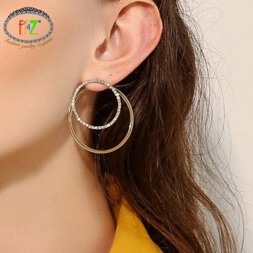 F.J4Z Gold Color Chic Earrings Womens Elegant Shinny Rhinestone Double Circles Piercing Earrings for Party Bijoux Dropship