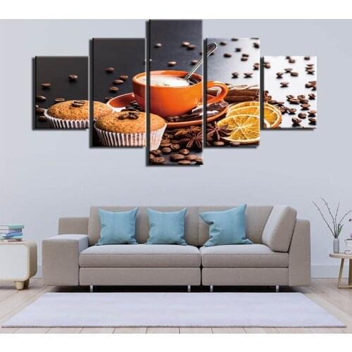 Kitchen Poster Coffee Bean Glasses Cake 5 Pieces Canvas Print Wall Art Painting Picture Dining Room Restaurant Decoration