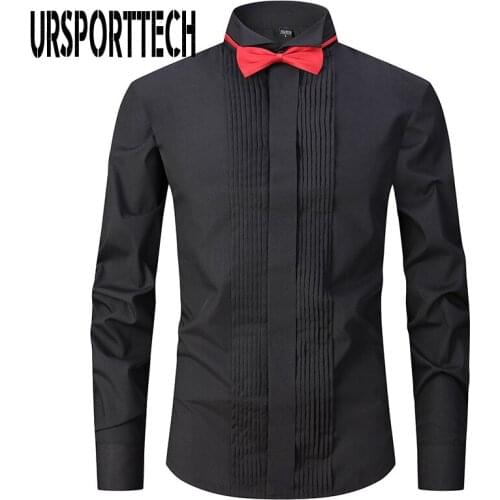 URSPORTTECH Mens Shirt Solid Color Black Performance Shirts Mens Long Sleeve Stage Party Chorus Dress Shirt With Host Bow Tie