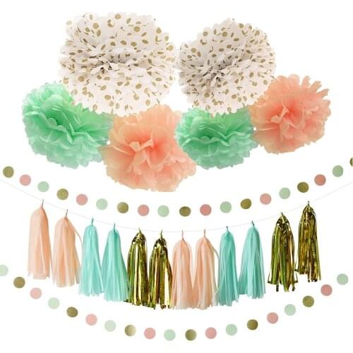 Mint Peach Gold Tissue Paper Pom Pom Tassel Polka Dot Garland for Birthday Wedding Party Decoration Paper Flower Supplies Set