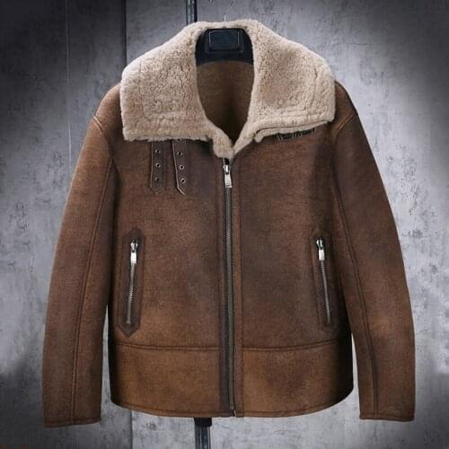 New Mens B3 Shearling Jacket Short Motorcycle Jacket Mens Wool Coat Brown Leather Jacket Sheepskin Coat