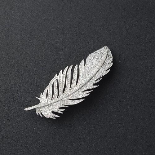 New Womens CZ Zirconia Large Feather Brooch Pin