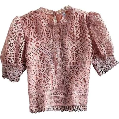 2021 Spring and Autumn New Puff Sleeve Crochet Hollow Lace Shirt Short Sleeve Fashion High-end Short Top Women