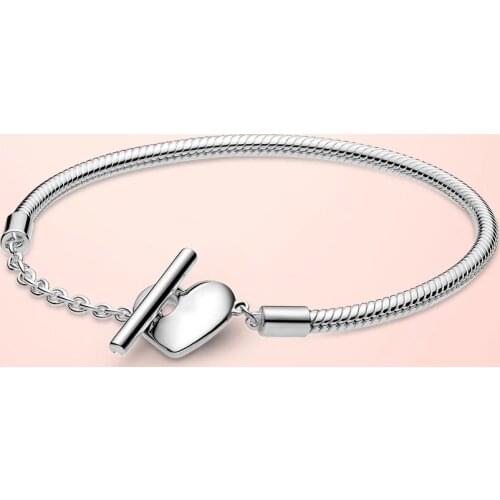 Original 925 Sterling Silver Brand Moments Heart T-Bar Snake Chain Bracelet for Women Jewelry Making Birthday Gift Free shipping