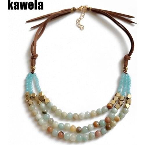 New Design Three Layers Natural Stones Brown Leather Necklace Collar Jewelry For Women