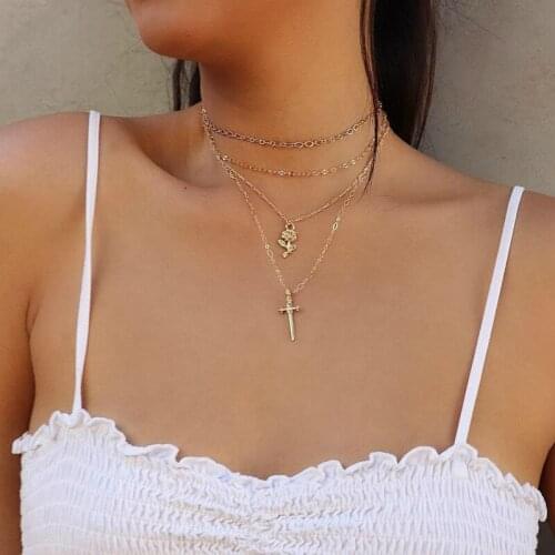 New Necklace Fashion Womens Multi-level Necklace Cross Necklace Rose Gold Selling Simple Combination Suit Necklace