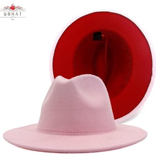 QBHAT Pink Red Patchwork Large Brim Faux Wool Felt Fedora Hats Women Vintage with Leather Band Jazz Cap Trilby Cowboy Party Hat