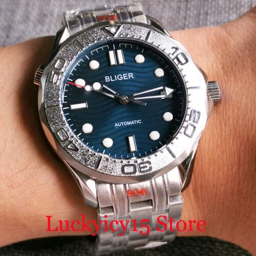 BLIGER Luxury Blue NH35A Surfing Selfwinding Men Watch Alloy Insert Luminous Marks Unidirectional Bezel Ring