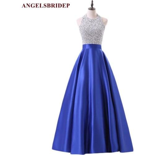 Sexy High-Neck Satin Long Prom Dresses Vestido De Festa Formal Halter Beaded A-Line Special Occasion abendkleid Gowns