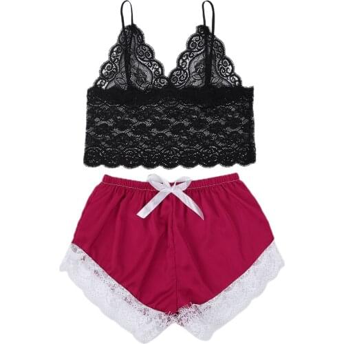 Sexy Women Erotic Lingerie Set Sling Top+Shorts, Satin Texture Adjustable Shoulder Strap Lace Fringe Stitching Summer Clothing